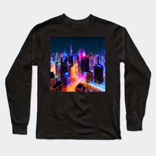 Ai Generated Art Scenery - Futuristic City Skyline With Neon Street Lights Long Sleeve T-Shirt